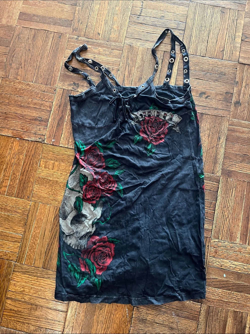SINFUL Black Rose & Skull Graphic COTTON mini dress Sm